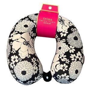 Trina Turk Memory Foam U Shaped Travel Pillow Black White Floral Soft Velvet NWT